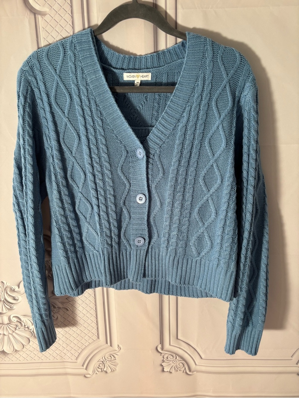 Woven Heart Juniors Two Piece Dusty Blue Knit Button Cardigan Sweater, Medium
